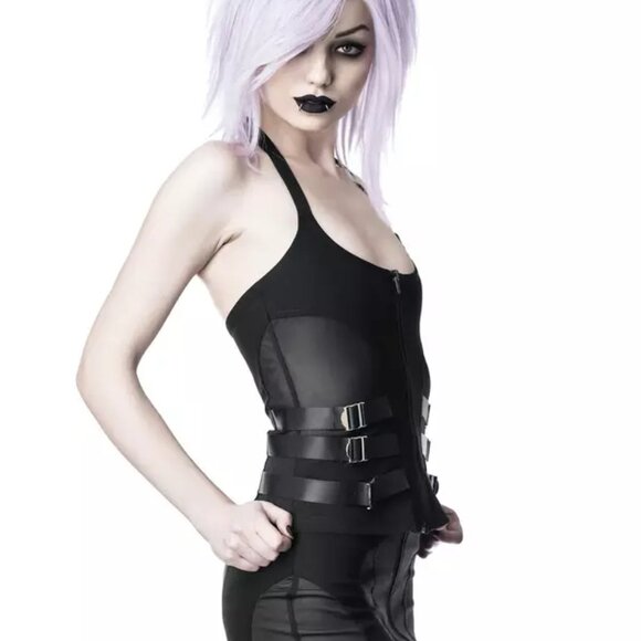 Killstar Strobe Halter Top Black Buckles - Picture 3 of 5